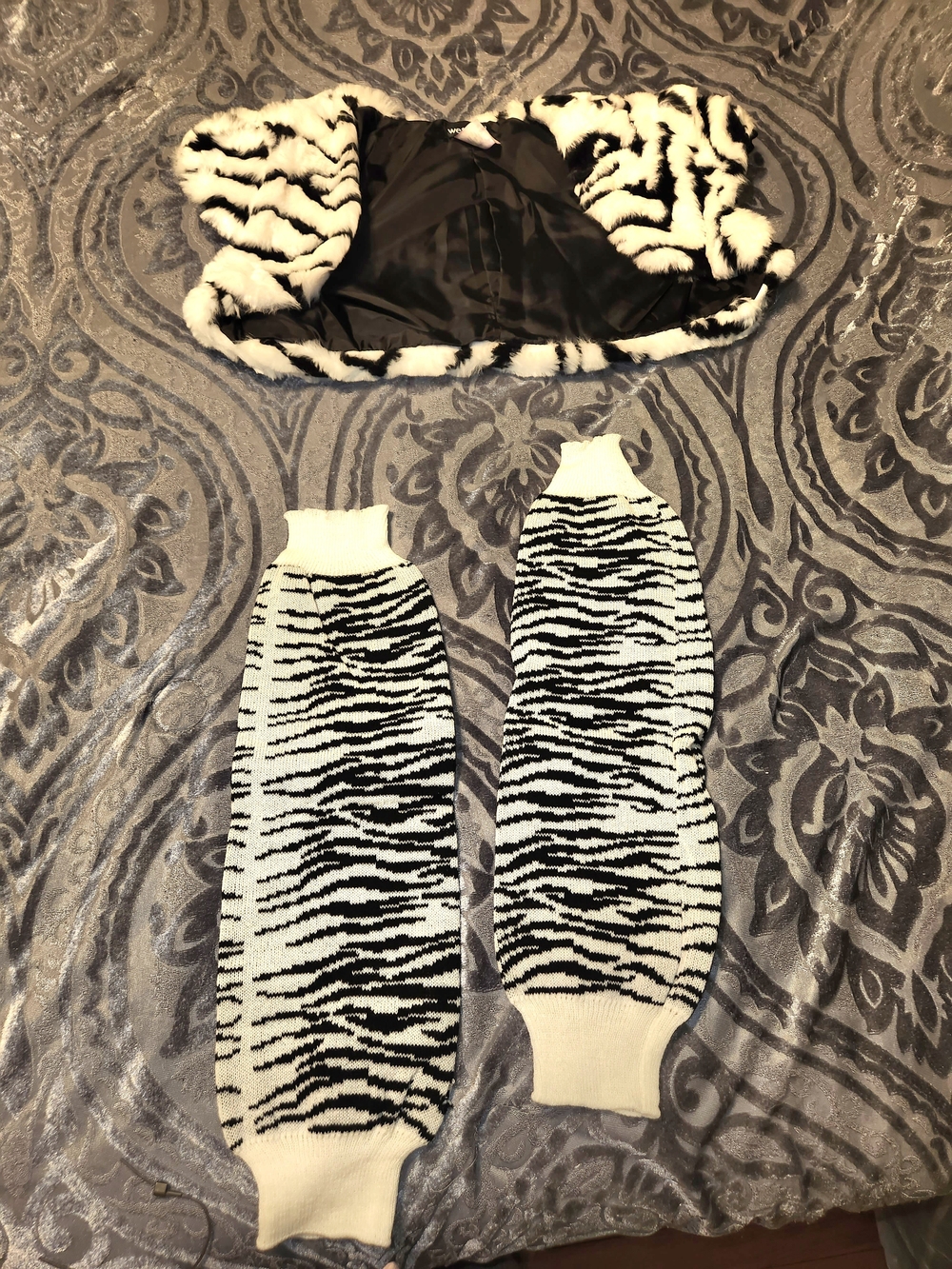 Wet Seal Black & White Zebra Faux Fur Shrug with Matching Leg Warmers